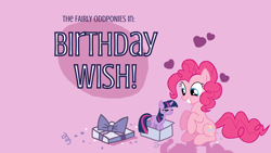 Size: 1280x720 | Tagged: safe, artist:rydercash14, pinkie pie, twilight sparkle, earth pony, pony, unicorn, g4, birthday wish, female, horn, parody, present, the fairly oddparents, title card, unicorn twilight