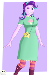 Size: 3040x4560 | Tagged: safe, artist:lemonzat115, starlight glimmer, human, equestria girls, g4, clothes, clothes swap, cosplay, costume, disney, female, one eye closed, smiling, solo, star butterfly, star vs the forces of evil, wink