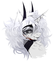 Size: 1700x1900 | Tagged: safe, artist:fluffyoddy, oc, oc only, oc:dead dove, pony, unicorn, bags under eyes, blood, blood on face, chest fluff, choker, commission, demon horns, ear fluff, eyebrows, eyebrows visible through hair, eyelashes, facial markings, facial piercing, female, female oc, gray coat, gray eyes, horn, horn piercing, horns, jewelry, lidded eyes, lip piercing, mare, mare oc, messy hair, messy mane, piercing, simple background, smiling, snake bites, solo, tired eyes, unicorn oc, white background, white hair, white mane