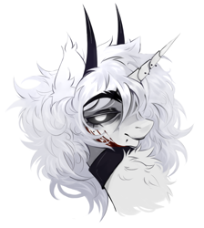 Size: 1700x1900 | Tagged: safe, artist:fluffyoddy, edit, oc, oc only, oc:dead dove, pony, unicorn, bags under eyes, black sclera, blood, blood on face, chest fluff, choker, commission, demon horns, ear fluff, eyebrows, eyebrows visible through hair, eyelashes, facial markings, facial piercing, female, female oc, glowing, glowing eyes, gray coat, horn, horn piercing, horns, jewelry, lidded eyes, lip piercing, mare, mare oc, messy hair, messy mane, piercing, simple background, smiling, snake bites, solo, tired eyes, unicorn oc, white background, white hair, white mane