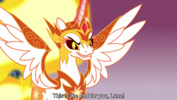 Size: 1280x720 | Tagged: safe, edit, edited screencap, editor:jaredking779, screencap, daybreaker, alicorn, pony, a royal problem, g4, season 7, armor, caption, female, glowing, glowing horn, grin, horn, mane of fire, mare, smiling, solo, text, wing armor, wings