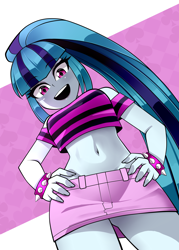 Size: 2000x2800 | Tagged: safe, artist:nekojackun, sonata dusk, human, equestria girls, g4, 2d, bangs, bare shoulders, belly, belly button, blushing, breasts, busty sonata dusk, clothes, denim, denim skirt, eyebrows, eyebrows visible through hair, eyelashes, eyeshadow, female, fingernails, hand on hip, high res, legs, lip gloss, long nails, looking at you, looking down, looking down at you, low angle, makeup, midriff, miniskirt, nails, offscreen character, open mouth, open smile, ponytail, pov, schrödinger's pantsu, shirt, skirt, smiling, smiling at you, smug, solo, spiked wristband, striped shirt, stupid sexy sonata dusk, thighs, underass, wristband