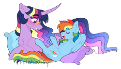 Size: 2489x1430 | Tagged: safe, artist:artistcoolpony, rainbow dash, twilight sparkle, alicorn, pegasus, pony, g4, armpits, blushing, chest fluff, curved horn, duo, duo female, eyebrows, eyebrows visible through hair, eyes closed, female, glasses, grin, hooves behind head, horn, lesbian, long horn, lying down, mare, on back, open mouth, open smile, pillow, round glasses, ship:twidash, shipping, simple background, size difference, smiling, transparent background, twilight sparkle (alicorn)
