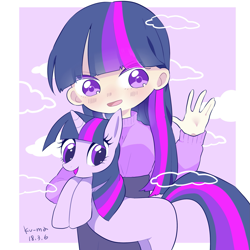 Size: 1979x1979 | Tagged: safe, artist:ku-ma, twilight sparkle, human, pony, unicorn, g4, blush lines, blushing, cloud, cute, duo, female, holding a pony, horn, human coloration, human ponidox, humanized, looking at you, mare, missing cutie mark, open mouth, open smile, self paradox, self ponidox, smiling, twiabetes, unicorn twilight, waving
