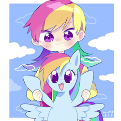 Size: 1979x1979 | Tagged: safe, artist:ku-ma, rainbow dash, human, pegasus, pony, g4, blush lines, blushing, cloud, cute, dashabetes, duo, female, holding a pony, human coloration, human ponidox, humanized, looking at you, mare, open mouth, open smile, self paradox, self ponidox, smiling