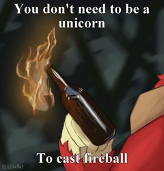 Size: 1443x1505 | Tagged: safe, artist:reddthebat, big macintosh, earth pony, pony, g4, beer bottle, bottle, hoof hold, hooves, magnetic hooves, male, molotov cocktail, offscreen character, solo, stallion, text