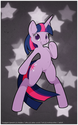 Size: 722x1149 | Tagged: safe, artist:autumndeer, twilight sparkle, pony, unicorn, semi-anthro, g4, abstract background, belly button, bipedal, female, mare, smiling, solo, unicorn twilight