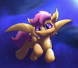 Size: 1747x1535 | Tagged: safe, artist:gosha305, scootaloo, bat pony, pony, g4, bat ponified, bat wings, cheek fluff, chest fluff, crepuscular rays, cute, digital art, ear fluff, fangs, female, fluffy, flying, full body, looking at you, moonlight, night, night sky, race swap, scootabat, scootaloo can fly, sky, sky background, slit pupils, smiling, smiling at you, solo, spread wings, wings
