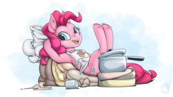 Size: 2560x1440 | Tagged: safe, artist:mysticalpha, pinkie pie, earth pony, pony, g4, apron, chef's hat, clothes, female, flour, flour sack, hat, hooves behind head, lying down, mare, on back, open mouth, open smile, reclining, signature, simple background, sitting, smiling, solo, white background