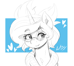 Size: 650x580 | Tagged: safe, artist:thelunarmoon, oc, oc only, pony, unicorn, bust, eyebrows, eyebrows visible through hair, female, glasses, heart, horn, mare, partial color, passepartout, round glasses, smiling, solo