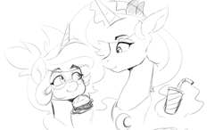 Size: 754x441 | Tagged: safe, artist:thelunarmoon, princess luna, oc, alicorn, pony, unicorn, burger, bust, drink, duo, duo female, eyebrows, eyebrows visible through hair, female, food, glasses, grayscale, hoof hold, horn, levitation, looking at each other, looking at someone, magic, mare, monochrome, round glasses, simple background, sketch, smiling, smiling at each other, telekinesis, white background