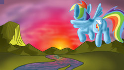 Size: 3840x2160 | Tagged: safe, artist:dhm, rainbow dash, pony, g4, cloud, digital art, flying, from behind, meadow, mountain, reflection, river, scenery, solo, sunrise, sunset, water