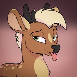 Size: 4133x4133 | Tagged: safe, artist:whyvernad, oc, oc only, oc:nik, deer, black nose, gradient background, horns, male, solo, tongue out, white hair