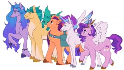 Size: 1280x720 | Tagged: safe, artist:rowankitten, hitch trailblazer, izzy moonbow, pipp petals, sparky sparkeroni, sunny starscout, zipp storm, dragon, earth pony, pegasus, unicorn, g5, 2d, fanart, hitch is tall, horn, izzy is tol, pipp is short, raised hoof, simple background, smiling, standing, sunny is tall, white background, zipp is tall