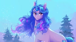 Size: 1280x720 | Tagged: safe, artist:rowankitten, izzy moonbow, auroricorn, pony, unicorn, g5, 2d, accessory, fanart, flowing mane, horn, looking at you, smiling, smiling at you, solo, sparkles, starlight ridge, tree, winter