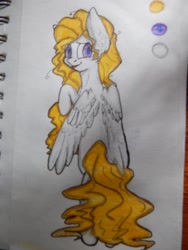 Size: 960x1280 | Tagged: safe, artist:rowankitten, surprise, pegasus, g1, 2d, curly hair, looking at you, photo, raised hoof, smiling, smiling at you, solo, tongue out, traditional art