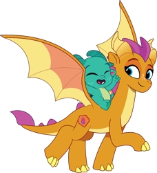 Size: 1310x1438 | Tagged: safe, artist:prixy05, smolder, sparky sparkeroni, dragon, g4, g5, my little pony: tell your tale, baby, baby dragon, dragoness, duo, duo male and female, female, g4 to g5, generation leap, male, older, older smolder, simple background, spread wings, transparent background, vector, wings