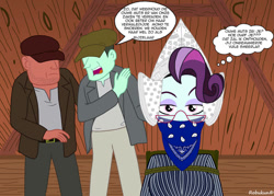 Size: 1058x756 | Tagged: safe, artist:robukun, principal abacus cinch, equestria girls, g4, bandit, bondage, bound and gagged, cloth gag, dutch, dutch cap, gag, hat, muffled words, palindrome get, speech bubble, thought bubble