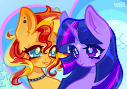 Size: 3579x2528 | Tagged: safe, artist:lenori, sunset shimmer, twilight sparkle, alicorn, pony, unicorn, g4, colorful, digital art, drawing, female, high res, horn, illustration, lesbian, painting, romantic, ship:sunsetsparkle, shipping, twilight sparkle (alicorn), vector