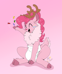 Size: 1756x2099 | Tagged: safe, artist:maynara, pinkie pie, deer, reindeer, g4, alternative cutie mark placement, chest fluff, cloven hooves, confetti, deerie pie, diaper, diaper fetish, diapered, ear fluff, eyes closed, facial cutie mark, female, fetish, gradient background, hoof fluff, leg fluff, mare, non-baby in diaper, open mouth, open smile, poofy diaper, raised hoof, sitting, smiling, solo, species swap, unshorn fetlocks