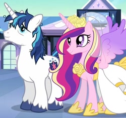 Size: 766x719 | Tagged: safe, princess cadance, shining armor, alicorn, pony, unicorn, g4, clothes, concave belly, dress, duo, duo male and female, female, hoof shoes, horn, male, mare, meme, physique difference, princess shoes, slender, stallion, style emulation, the bride and the ugly ass groom, thin
