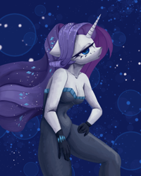 Size: 2000x2500 | Tagged: safe, artist:anastas, rarity, unicorn, anthro, equestria girls, g4, my little pony equestria girls: better together, the other side, abstract background, bare shoulders, beautiful, belly button, bodysuit, breasts, busty rarity, cleavage, clothes, eyelashes, eyeshadow, female, floppy ears, flowing mane, gem, gemstones, gloves, hand on hip, horn, jojo pose, lidded eyes, looking at you, makeup, sexy, solo, sternocleidomastoid, strapless, stupid sexy rarity, unitard