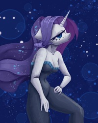 Size: 2000x2500 | Tagged: safe, alternate version, artist:anastas, rarity, unicorn, anthro, equestria girls, g4, my little pony equestria girls: better together, the other side, abstract background, bare shoulders, beautiful, belly button, bodysuit, breasts, busty rarity, cleavage, clothes, eyelashes, eyeshadow, female, floppy ears, flowing mane, gem, gemstones, hand, hand on hip, horn, jojo pose, lidded eyes, looking at you, makeup, sexy, solo, sternocleidomastoid, strapless, stupid sexy rarity, unitard