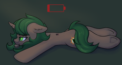 Size: 3000x1623 | Tagged: safe, artist:dumbwoofer, oc, oc:pine shine, mosquito, pony, unicorn, bags under eyes, burger, ear fluff, exhausted, female, food, gradient background, horn, low battery, lying down, mare, prone, solo, sploot, tired, underhoof