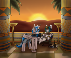 Size: 4388x3575 | Tagged: safe, artist:ashel_aras, oc, oc only, oc:blaze night, oc:takiska shadow, alicorn, pegasus, alcohol, berry, checkered floor, commission, duo, egypt, egyptian, egyptian headdress, egyptian pony, food, sun, wine