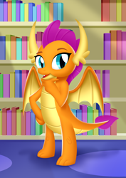 Size: 2480x3508 | Tagged: safe, artist:leonkay, smolder, dragon, g4, book, bookshelf, dragoness, female, hand on chin, library, solo, spread wings, wings