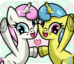 Size: 1500x1300 | Tagged: safe, artist:scandianon, lemon hearts, twinkleshine, pony, unicorn, g4, female, heart, holding hooves, horn, looking at you, mare, open mouth, open smile, raised hoof, smiling, smiling at you