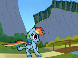 Size: 4000x3000 | Tagged: safe, artist:scandianon, rainbow dash, pegasus, pony, g4, bridge, bush, cliff, female, happy, mare, outdoors, river, running, smiling, solo, tree, water