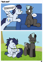 Size: 2480x3508 | Tagged: safe, artist:sefastpone, soarin', thunderlane, pegasus, pony, g4, belly, comic, couch, dialogue, duo, duo male, eating, grass, grazing, herbivore, high res, horses doing horse things, male, outdoors, speech bubble, stallion
