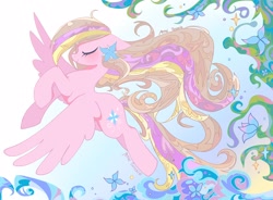 Size: 2048x1504 | Tagged: safe, artist:petaltwinkle, oc, oc only, oc:petal twinkle, pegasus, pony, blushing, eyelashes, eyes closed, female, flower, flower on ear, flying, gradient background, long mane, long tail, mare, multicolored mane, multicolored tail, pegasus oc, pink coat, profile, shiny mane, shiny tail, signature, smiling, solo, sparkles, tail, windswept mane, windswept tail, wings, wings down