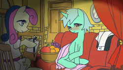 Size: 700x400 | Tagged: safe, artist:lentoto, bon bon, lyra heartstrings, sweetie drops, earth pony, unicorn, g4, blushing, draw me like one of your french girls, drawing, fruit, horn