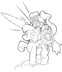 Size: 1000x1158 | Tagged: safe, artist:aval0nx, pony, rabbit, anthro, angry, animal, cream the rabbit, knight, lance, monochrome, ponified, rabbits riding ponies, raised hoof, self paradox, self ponidox, shield, solo, sonic the hedgehog (series), weapon