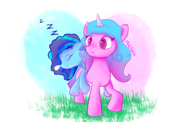 Size: 3508x2480 | Tagged: safe, artist:makiyakie, izzy moonbow, misty brightdawn, pony, unicorn, g5, carrying, female, heart, horn, lesbian, mare, onomatopoeia, ship:mizzy, shipping, sleeping, sound effects, zzz