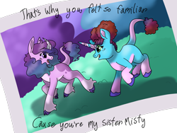 Size: 2160x1620 | Tagged: safe, artist:birbnerd17, izzy moonbow, misty brightdawn, pony, unicorn, g5, alternate design, alternate universe, dialogue, female, headcanon, horn, mare, siblings, sisters