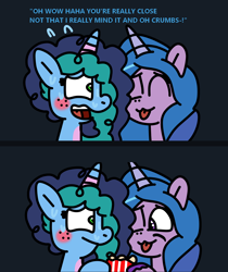 Size: 1440x1712 | Tagged: safe, artist:jadeharmony, edit, izzy moonbow, misty brightdawn, pony, unicorn, g5, :p, blushing, comic, dialogue, female, food, horn, lesbian, looking at each other, looking at someone, mare, nuzzling, personal space invasion, popcorn, ship:mizzy, shipping, simple background, sweat, tongue out