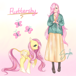 Size: 2048x2048 | Tagged: safe, artist:samekun123, fluttershy, human, pegasus, pony, g4, alternate hairstyle, boots, cardigan, clothes, cute, dress, female, gradient background, hair over one eye, human ponidox, humanized, leonine tail, mare, markings, raised hoof, redesign, self paradox, self ponidox, shoes, shyabetes, solo, tail