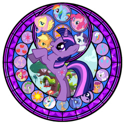 Size: 720x720 | Tagged: safe, artist:akili-amethyst, apple bloom, applejack, discord, fluttershy, pinkie pie, princess celestia, princess luna, rainbow dash, rarity, scootaloo, spike, sweetie belle, twilight sparkle, alicorn, draconequus, dragon, earth pony, pegasus, pony, unicorn, g4, applejack's cutie mark, cutie mark crusaders, dive to the heart, eyes closed, female, fluttershy's cutie mark, horn, kingdom hearts, mane seven, mane six, mare, pinkie pie's cutie mark, rainbow dash's cutie mark, rarity's cutie mark, rearing, stained glass, twilight sparkle's cutie mark