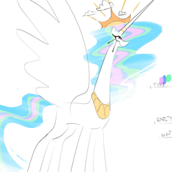 Size: 833x832 | Tagged: safe, artist:yl0w, princess celestia, alicorn, pony, g4, cloud, colored sketch, crown, doodle, ethereal mane, ethereal tail, female, horn, jewelry, long eyelashes, long horn, long neck, looking up, mare, multicolored mane, multicolored tail, necc, peytral, princess necklestia, profile, regalia, simple background, size chart, size comparison, sketch, smiling, solo, spread wings, stylized, sun, tail, tall, text, tiara, wavy mane, wavy tail, white background, white coat, wings
