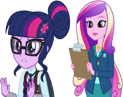 Size: 3165x2520 | Tagged: safe, edit, edited screencap, editor:homersimpson1983, screencap, dean cadance, princess cadance, sci-twi, twilight sparkle, human, equestria girls, g4, my little pony equestria girls: friendship games, background removed, clipboard, clothes, duo, female, glasses, not a vector, simple background, transparent background, wrong aspect ratio
