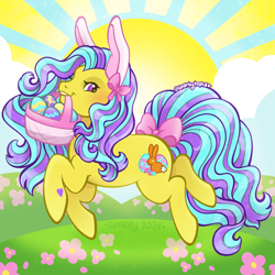 Size: 2400x2400 | Tagged: safe, artist:sparkytopia, gigglebean, earth pony, pony, g3, basket, bow, bunny ears, easter, easter basket, easter egg, female, heart, heart eyes, holiday, looking at you, mare, pink eyes, prancing, signature, solo, sun, tail, tail bow, wingding eyes, yellow coat
