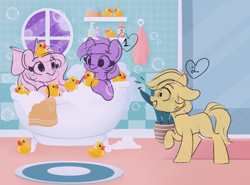 Size: 2732x2021 | Tagged: safe, artist:emberslament, oc, oc:bay breeze, bathing together, bathtub, bubble, commission, cute, open mouth, rubber duck, sketch, surprised, your character here
