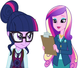 Size: 828x729 | Tagged: safe, edit, edited screencap, editor:homersimpson1983, screencap, dean cadance, princess cadance, sci-twi, twilight sparkle, human, equestria girls, g4, my little pony equestria girls: friendship games, background removed, clipboard, clothes, female, glasses, not a vector, simple background, transparent background