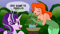 Size: 1920x1080 | Tagged: safe, artist:nedemai, phyllis, starlight glimmer, human, pony, unicorn, g4, crossover, dc comics, dialogue, duo, duo female, female, horn, mare, open mouth, open smile, poison ivy, potted plant, smiling, speech bubble