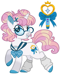 Size: 1047x1276 | Tagged: safe, artist:strawberry-spritz, oc, oc only, pony, unicorn, clothes, female, glasses, horn, leg warmers, mare, offspring, parent:prince blueblood, parent:rarity, parents:rariblood, simple background, solo, transparent background