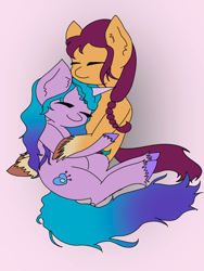 Size: 768x1024 | Tagged: safe, artist:splatzzlive, izzy moonbow, sunny starscout, earth pony, pony, unicorn, g5, my little pony: a new generation, my little pony: tell your tale, digital art, duo, eyes closed, female, horn, lesbian, ship:moonscout, shipping