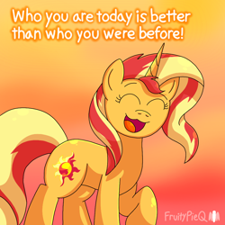 Size: 1000x1000 | Tagged: safe, artist:fruiitypieq, sunset shimmer, pony, unicorn, g4, cute, dialogue, eyes closed, female, gradient background, happy, horn, open mouth, open smile, positive ponies, shimmerbetes, smiling, solo